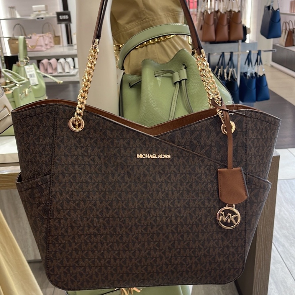 Michael Kors Jet Set Travel Large Chained Tote Shoulder Bag MK Brown 
NWT